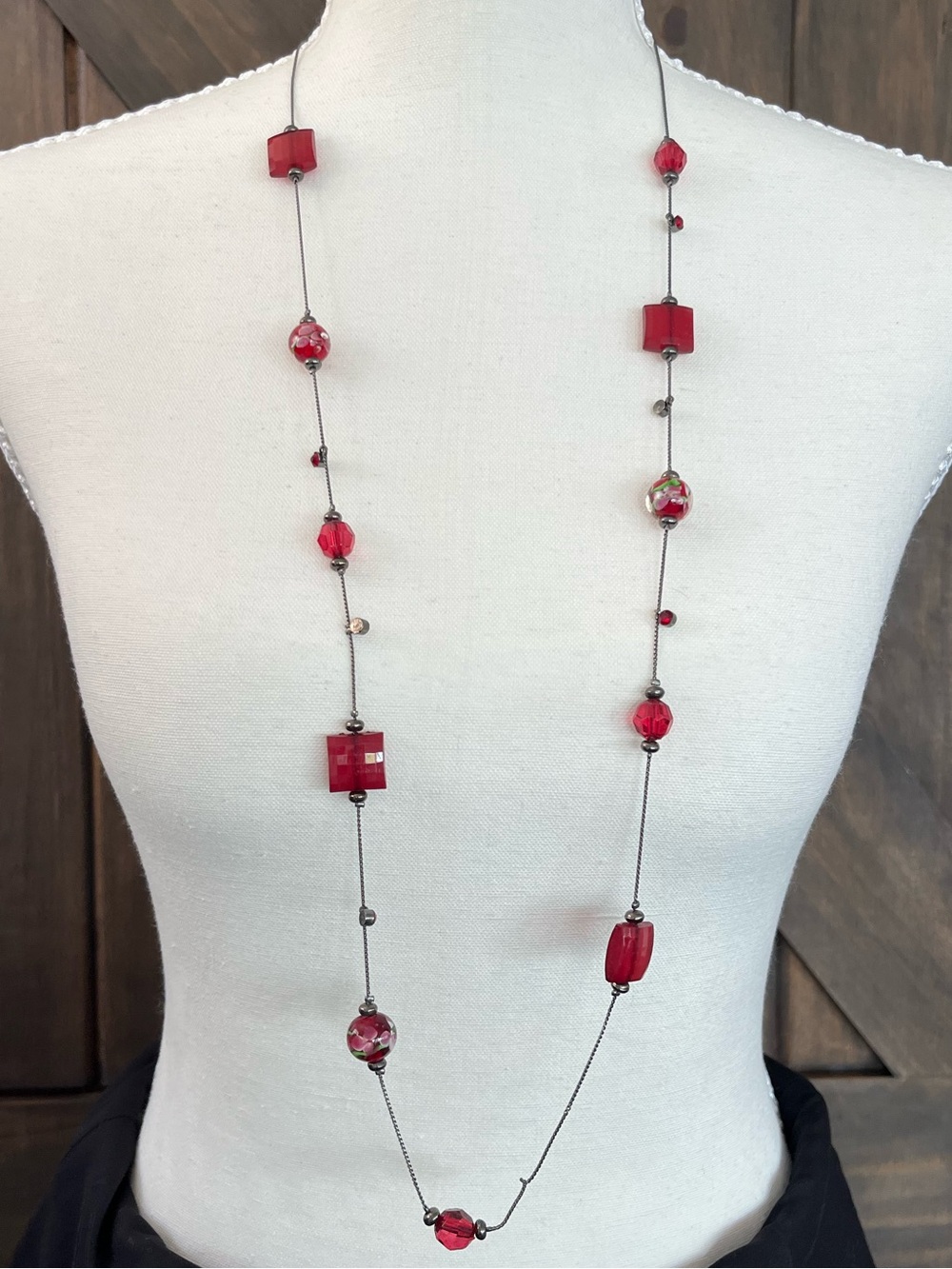 36” Red Glass Bead Necklace Floral Cube Beads Long Layering Necklace